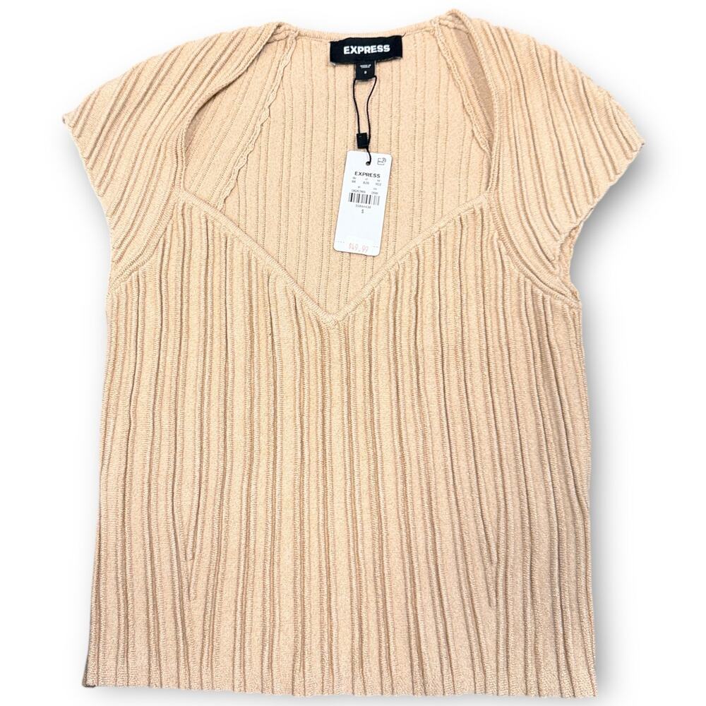 Express Ribbed Metallic Shimmer Cap Sleeve Sweater Top Size S NWT - Picture 4 of 9